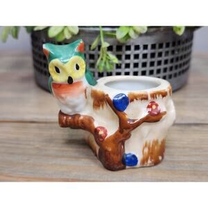 MADE IN OCCUPIED JAPAN OWL ON A BRANCH FLORAL TOOTHPICK HOLDER FIGURINE